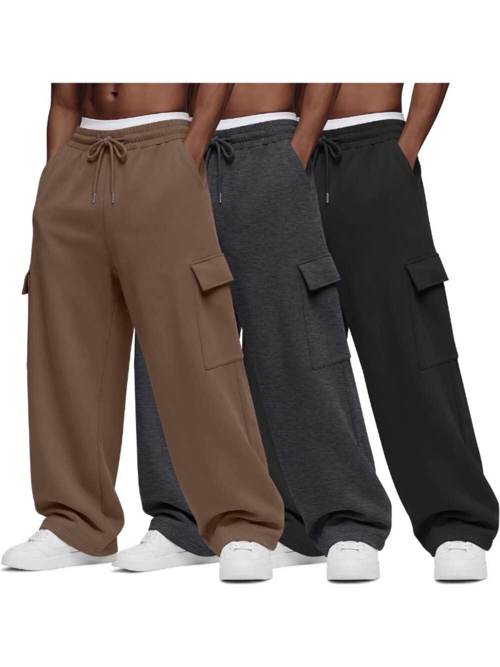 Men's 3-Pack Cargo Sweatpants - Baggy Style with Pockets for Comfort & Style